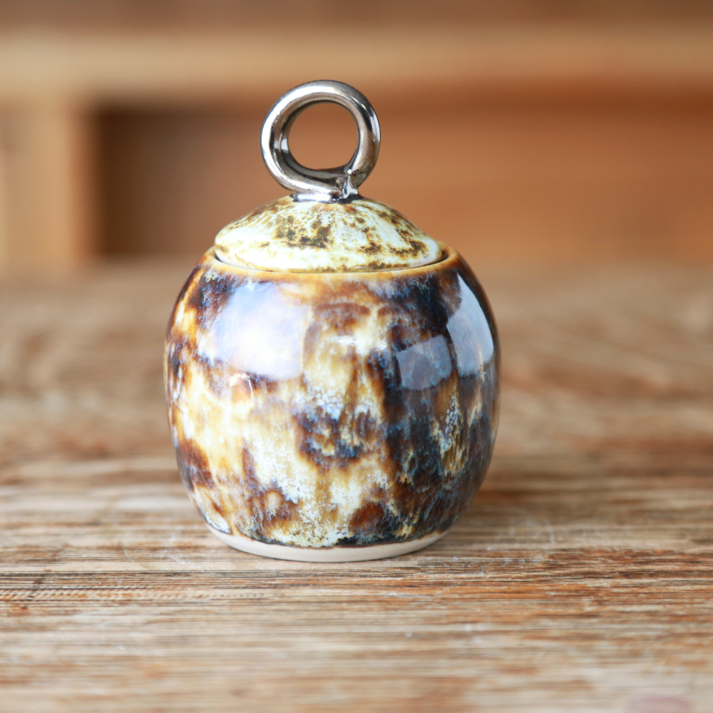 Lidded Jar - Mottled Glaze with Looped Gold Knob