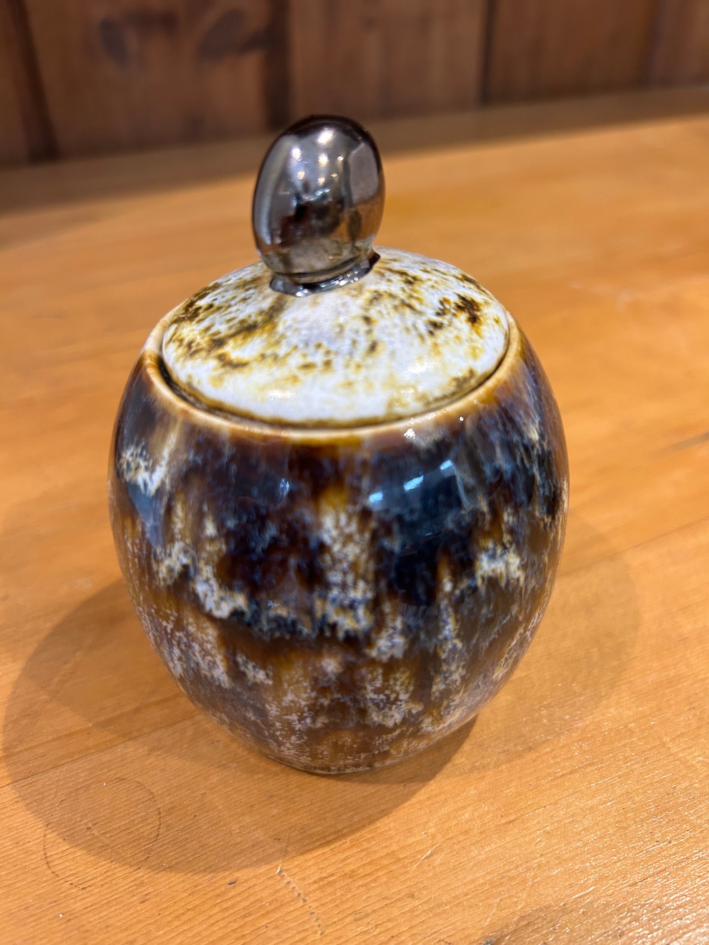 Lidded Jar - Mottled Brown & White with Gold Lustre Knob