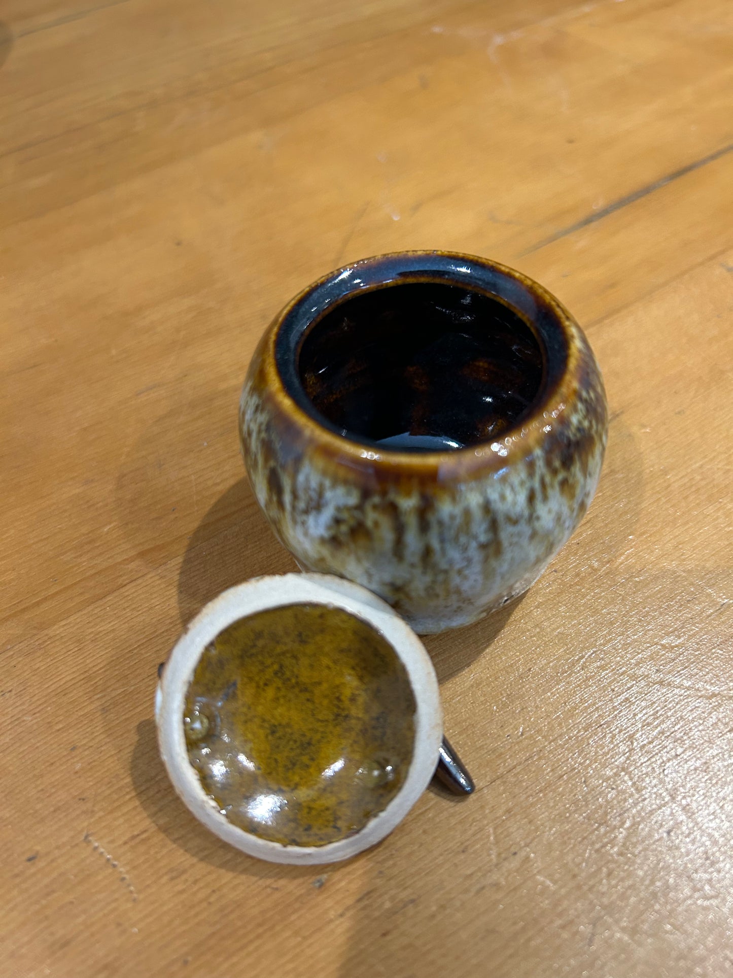 Lidded Jar - Mottled Brown & White with Gold Lustre Knob