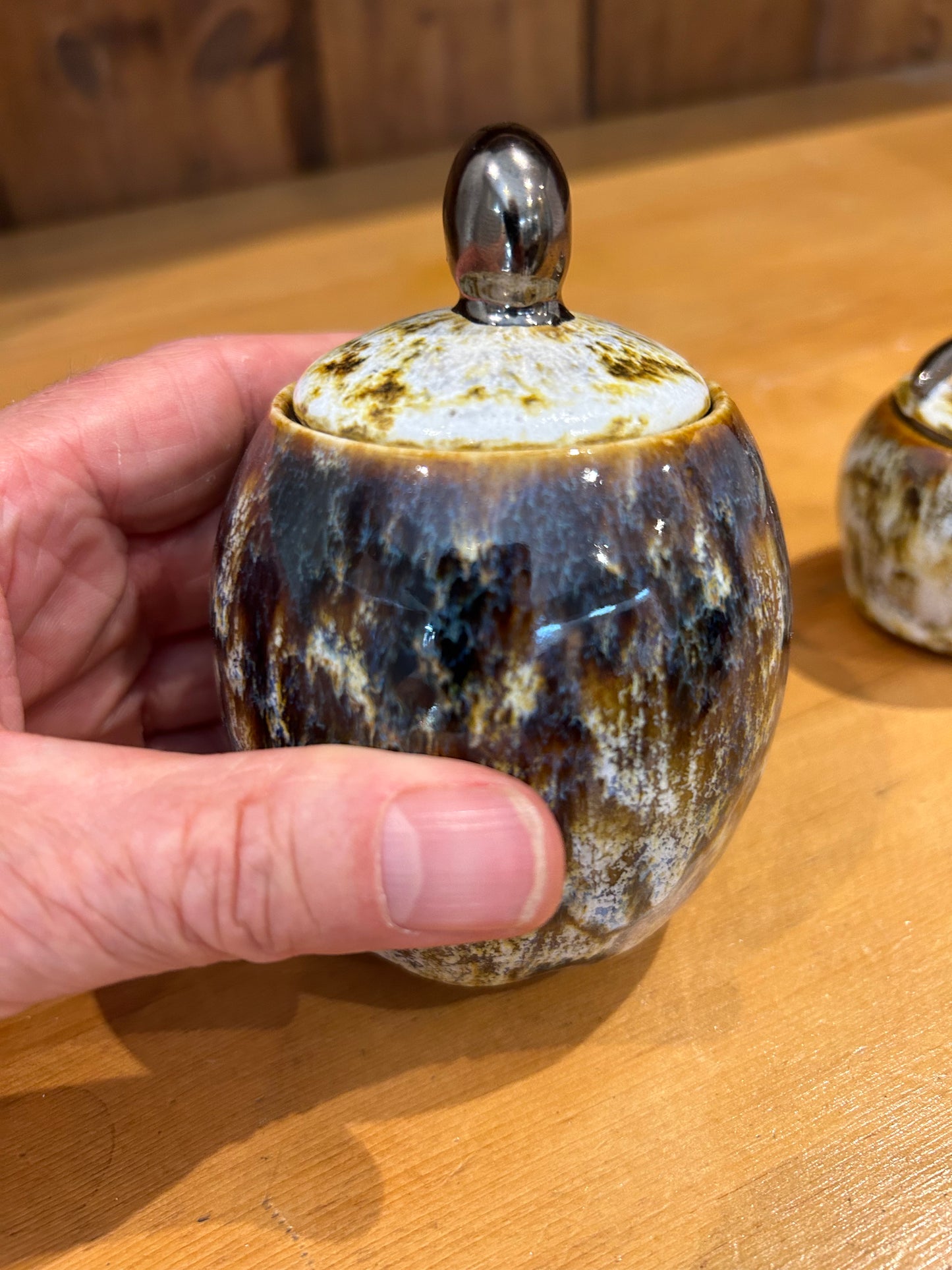 Lidded Jar - Mottled Brown & White with Gold Lustre Knob