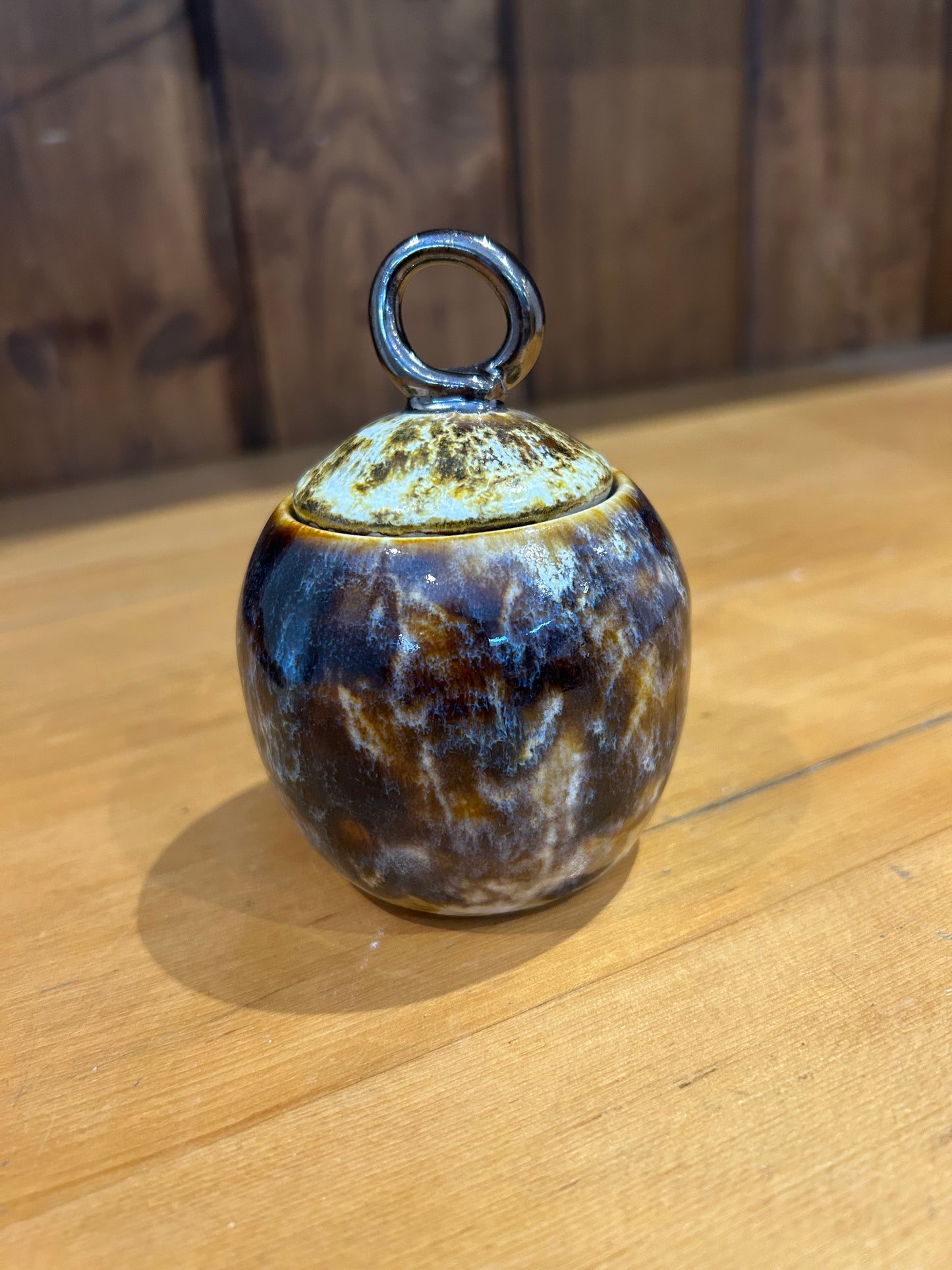 Lidded Jar - Mottled Glaze with Looped Gold Knob