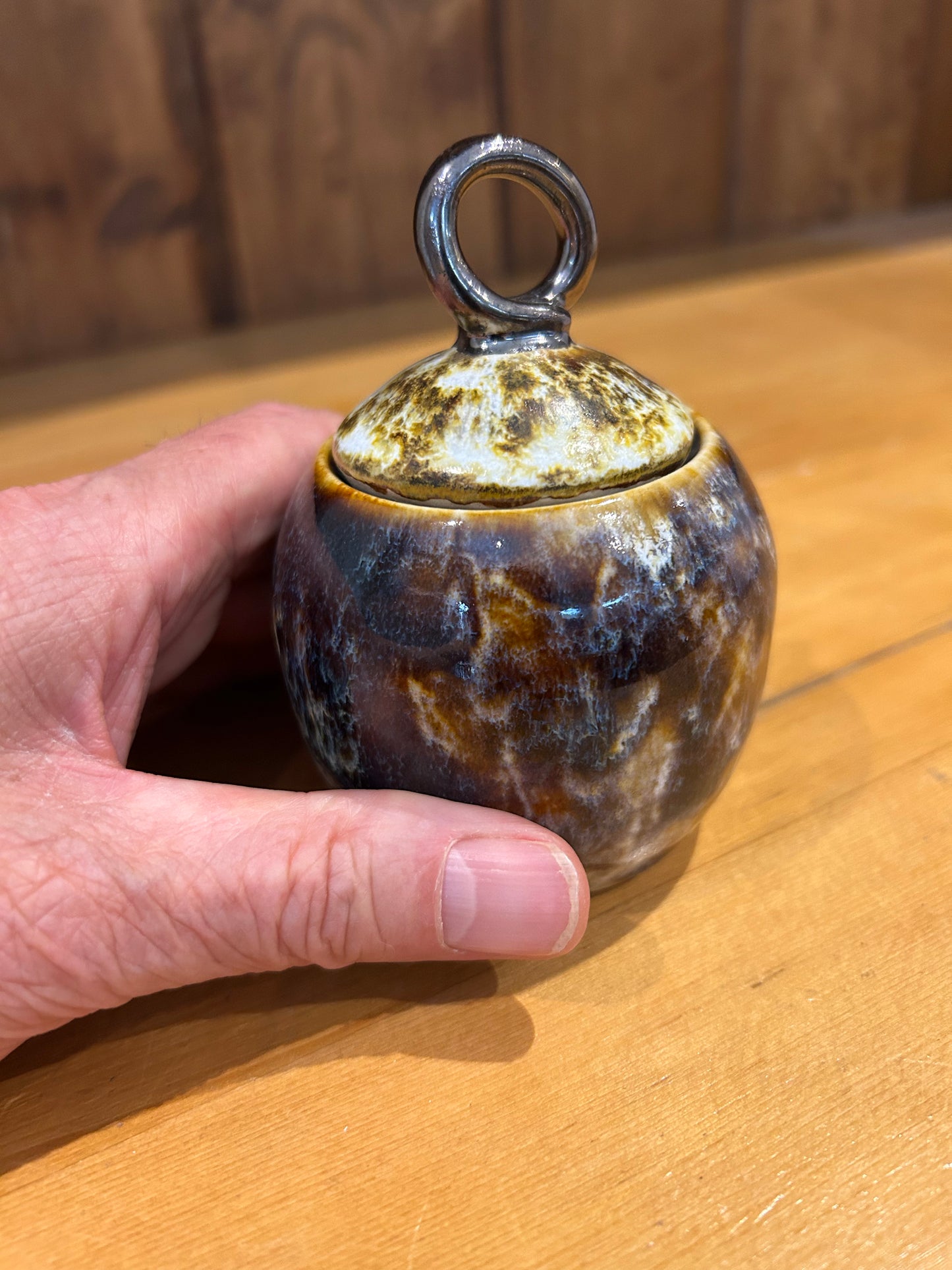 Lidded Jar - Mottled Glaze with Looped Gold Knob